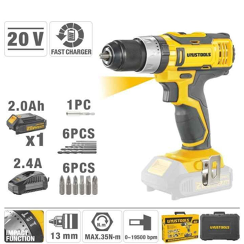 Perceuse à Percussion Sans Fil 20V Li-ion 13mm avec Accessoires