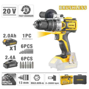 Perceuse à Percussion Sans Fil Brushless 20V 60N.m avec Poignée Auxiliaire