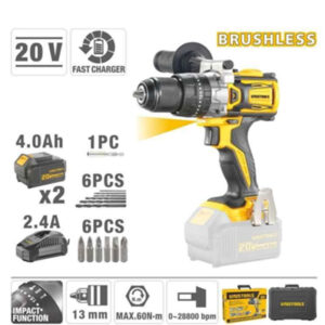 Perceuse à Percussion Sans Fil Brushless 20V 60N.m avec 2 Batteries 4.0Ah