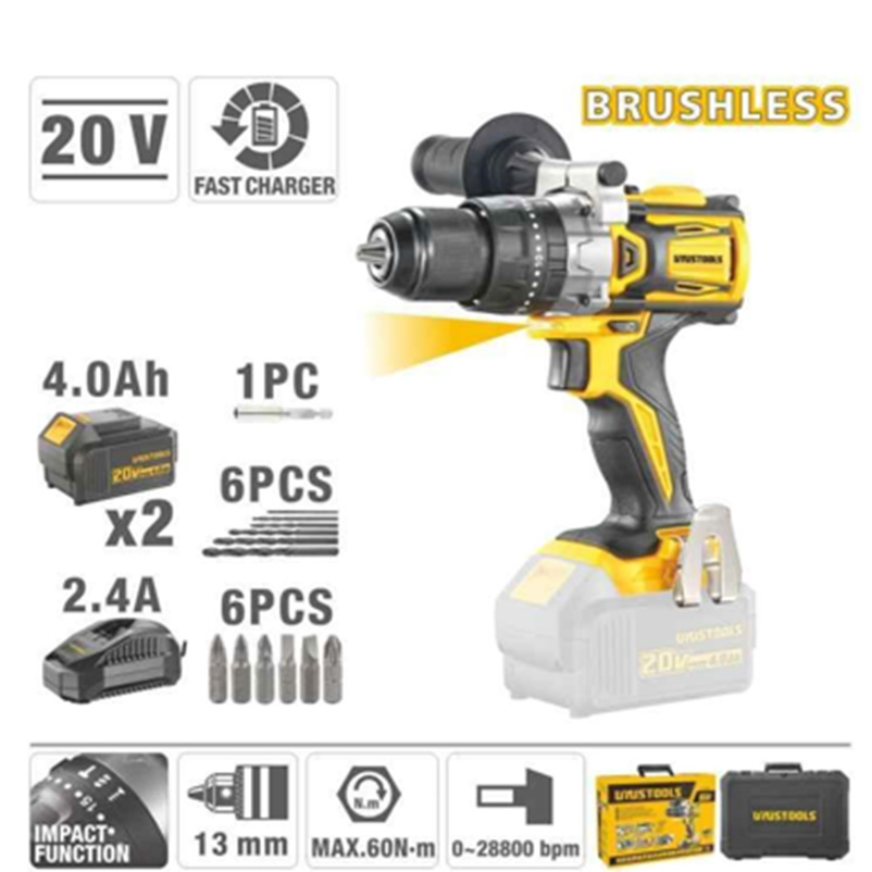 Perceuse à Percussion Sans Fil Brushless 20V 60N.m avec 2 Batteries 4.0Ah